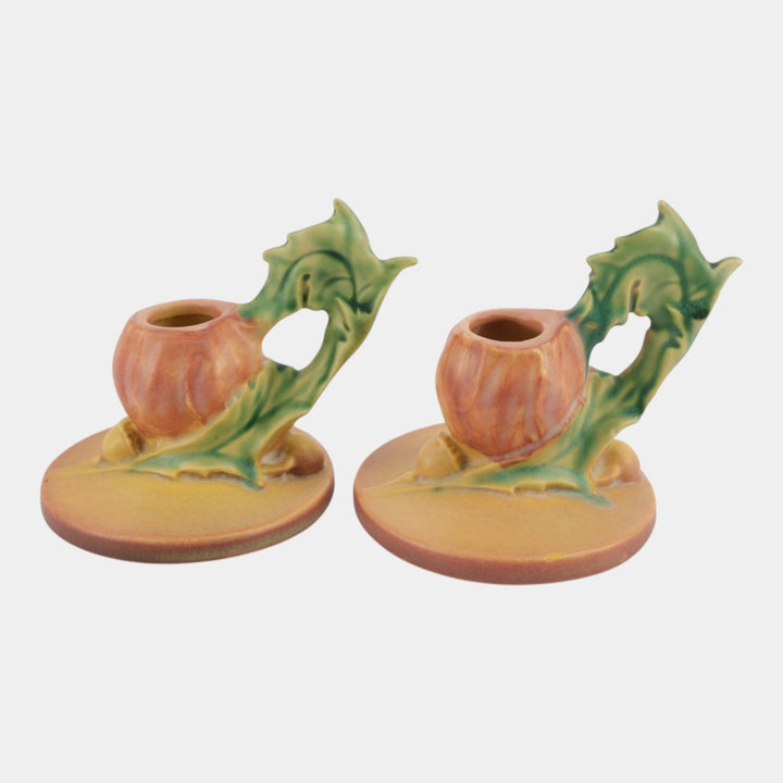 Roseville Poppy Pink 1938 Vintage Art Pottery Ceramic Candle Holders 1129
