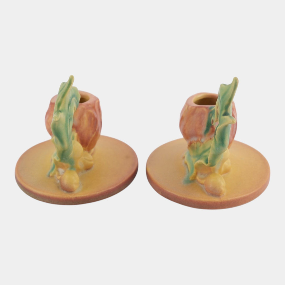 Roseville Poppy Pink 1938 Vintage Art Pottery Ceramic Candle Holders 1129