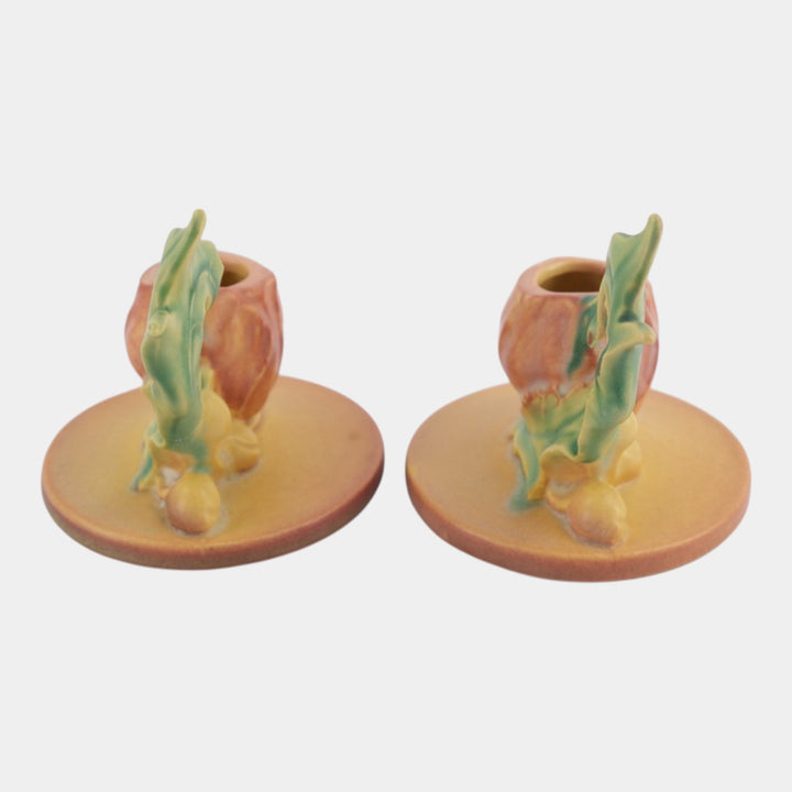 Roseville Poppy Pink 1938 Vintage Art Pottery Ceramic Candle Holders 1129