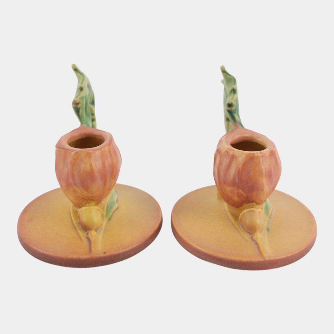 Roseville Poppy Pink 1938 Vintage Art Pottery Ceramic Candle Holders 1129