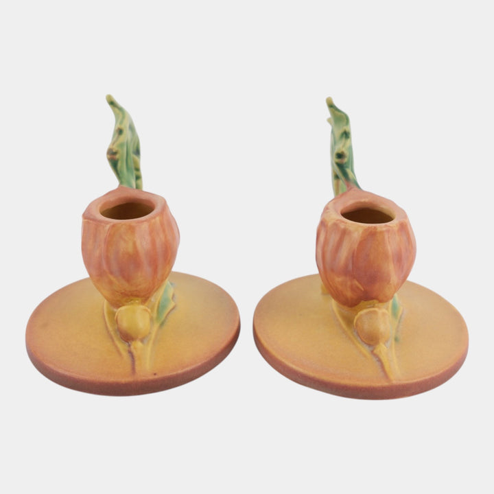 Roseville Poppy Pink 1938 Vintage Art Pottery Ceramic Candle Holders 1129