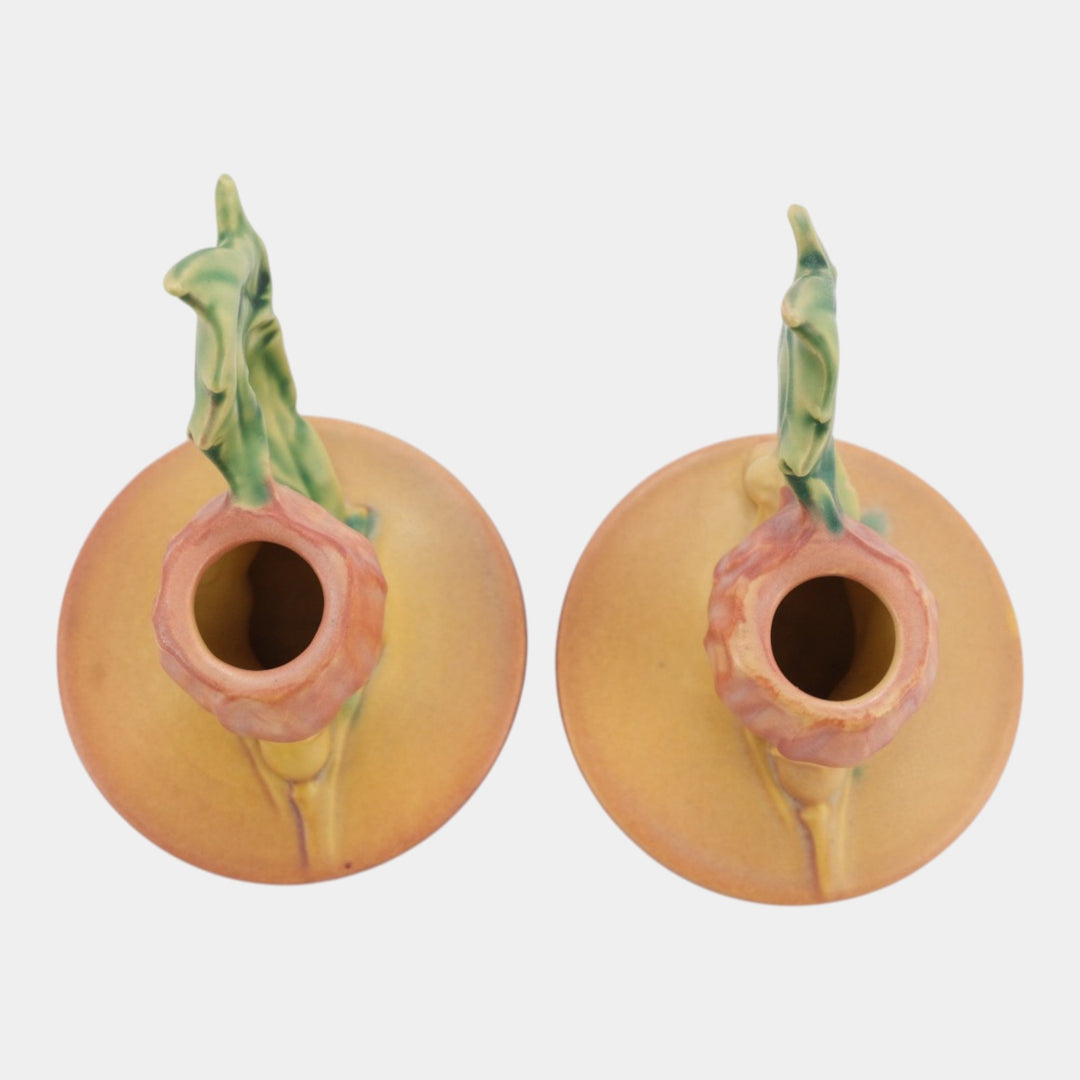 Roseville Poppy Pink 1938 Vintage Art Pottery Ceramic Candle Holders 1129