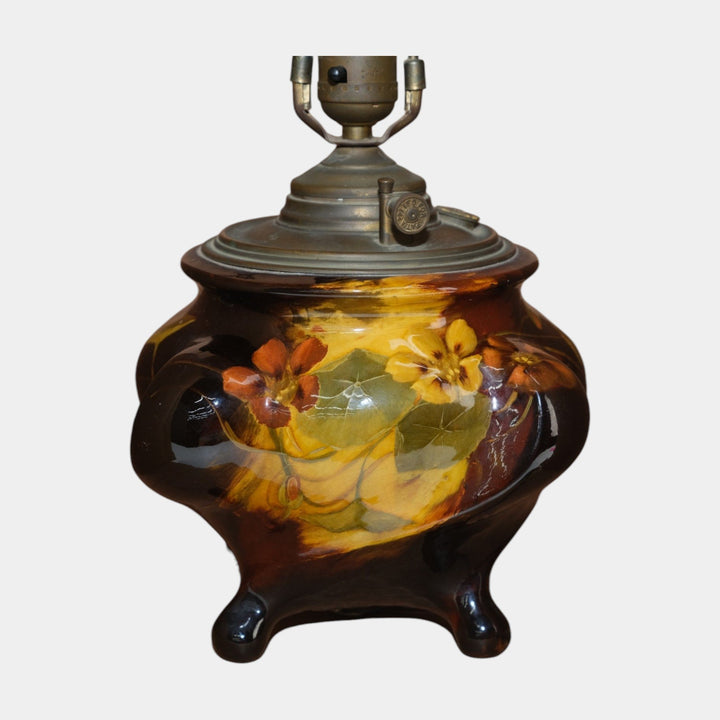 Weller Aurelian 1900s Vintage Art Pottery Brown Floral Ceramic Electric Lamp