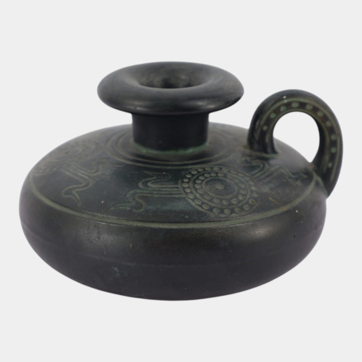 Norse 1900s Vintage Art Pottery Bronze Ware Black Chamberstick Candle Holder 66