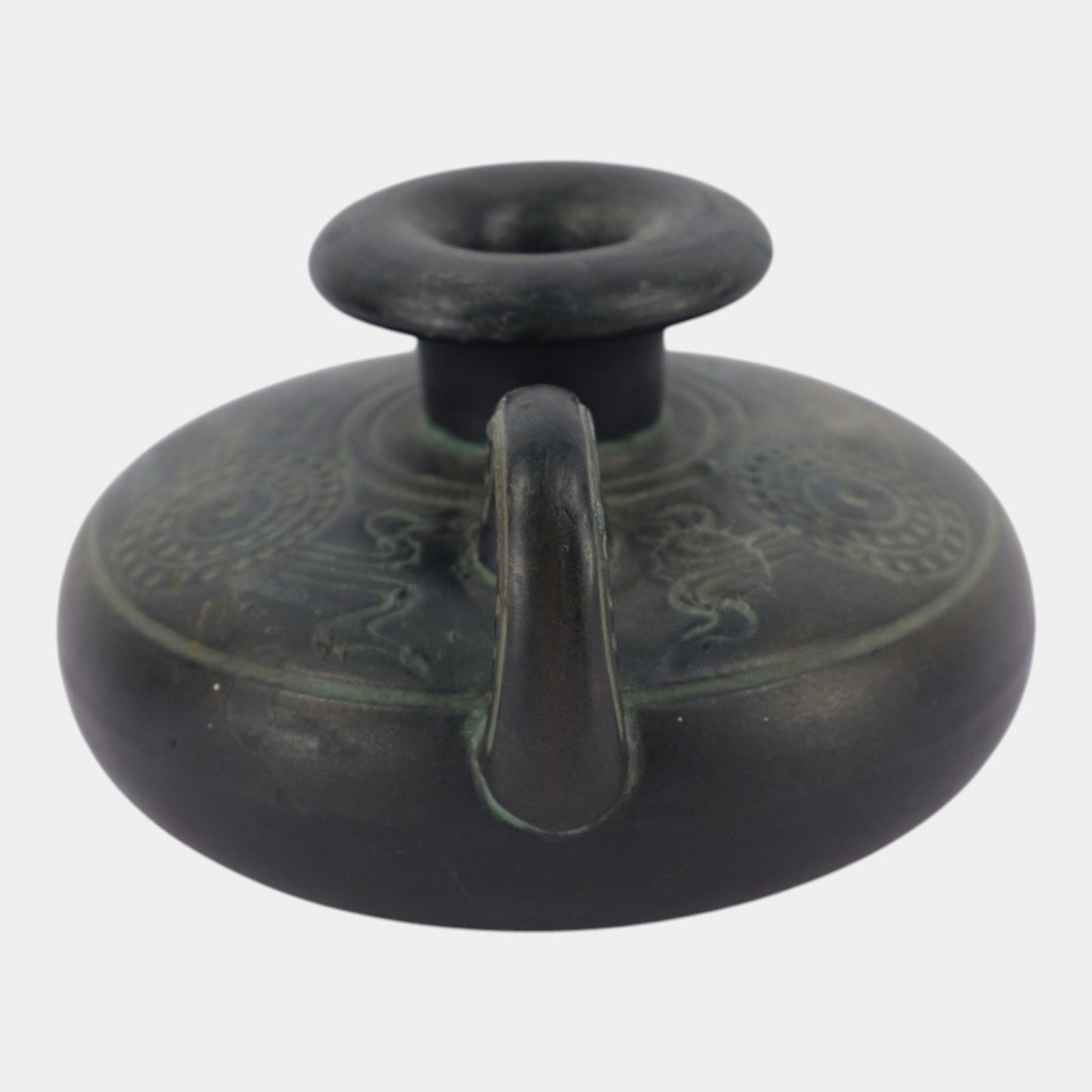 Norse 1900s Vintage Art Pottery Bronze Ware Black Chamberstick Candle Holder 66