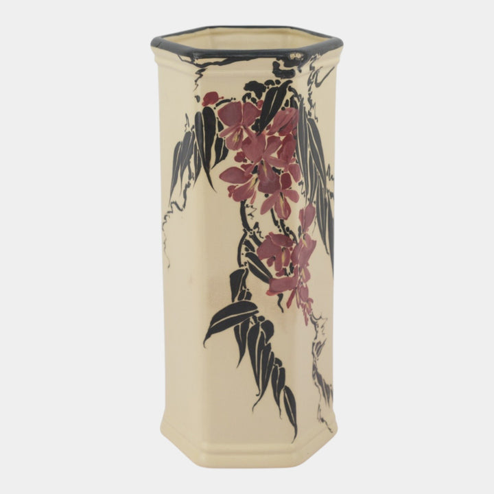 Weller Hudson 1920s Vintage Art Pottery Hand Painted Floral Hexagonal Vase