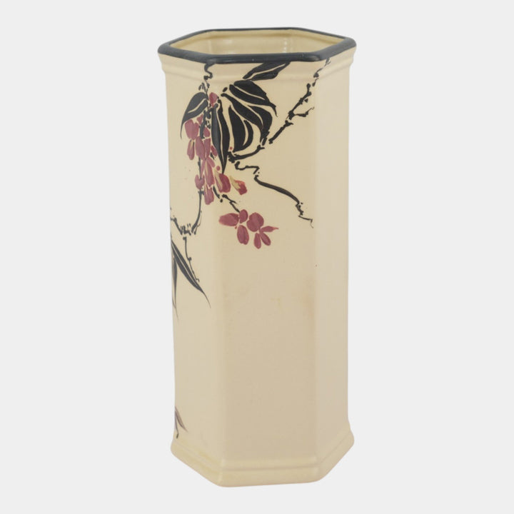 Weller Hudson 1920s Vintage Art Pottery Hand Painted Floral Hexagonal Vase