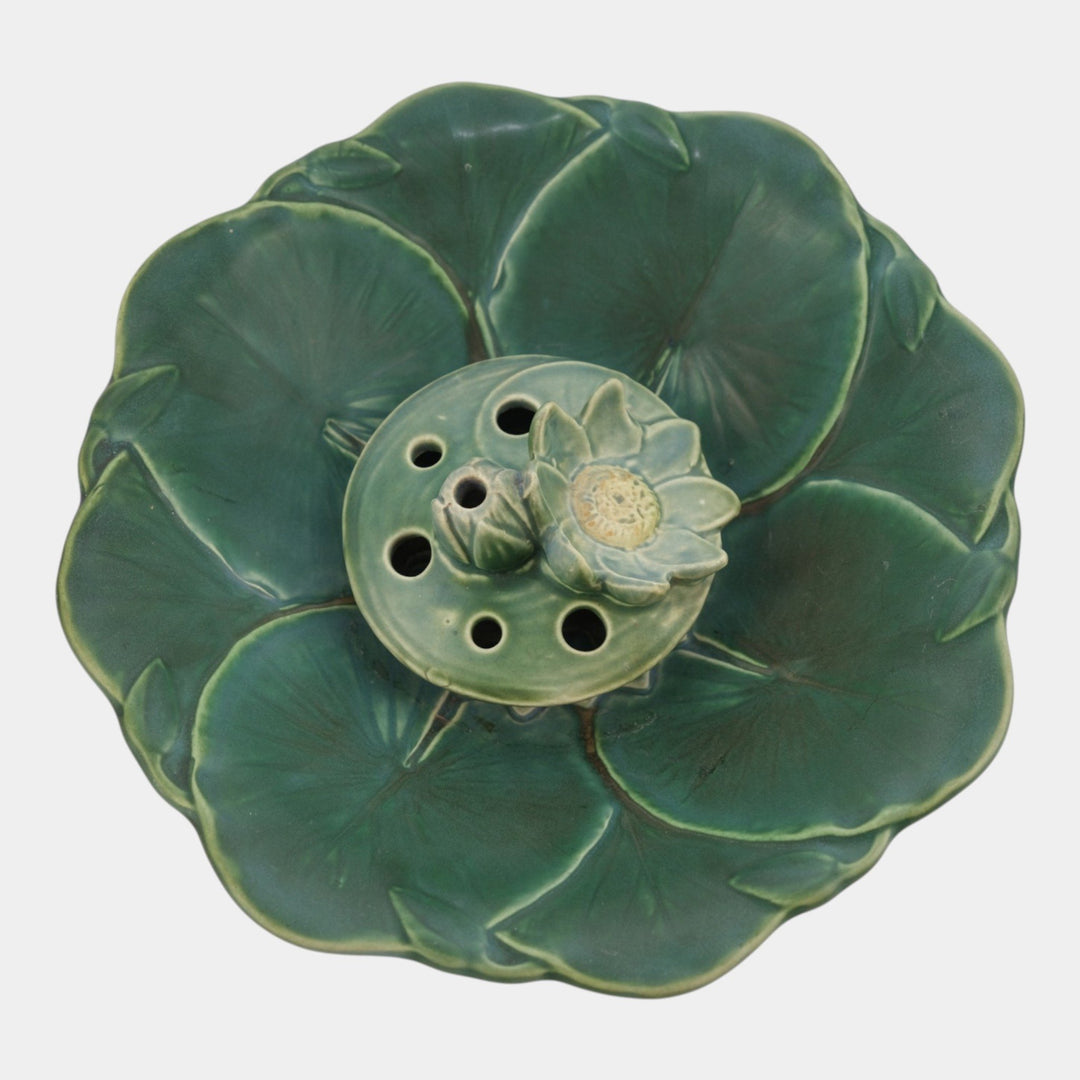 Weller Pumila 1920s Vintage Art Pottery Green Lily Pad Console Bowl Flower Frog