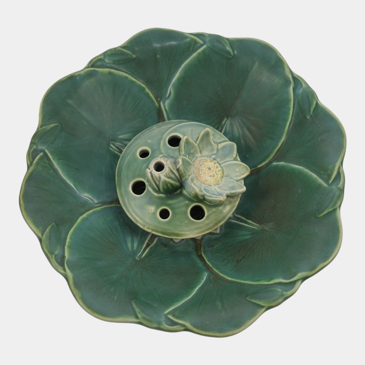 Weller Pumila 1920s Vintage Art Pottery Green Lily Pad Console Bowl Flower Frog