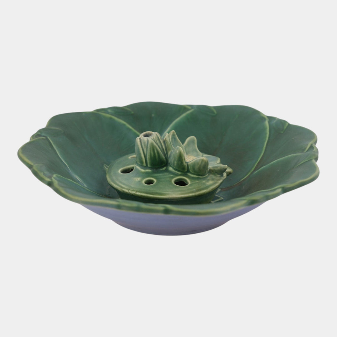 Weller Pumila 1920s Vintage Art Pottery Green Lily Pad Console Bowl Flower Frog