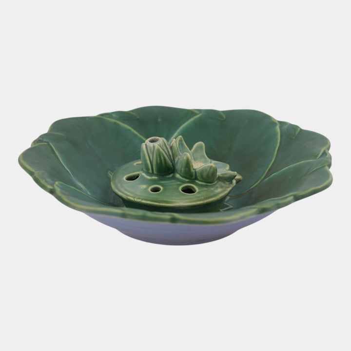 Weller Pumila 1920s Vintage Art Pottery Green Lily Pad Console Bowl Flower Frog