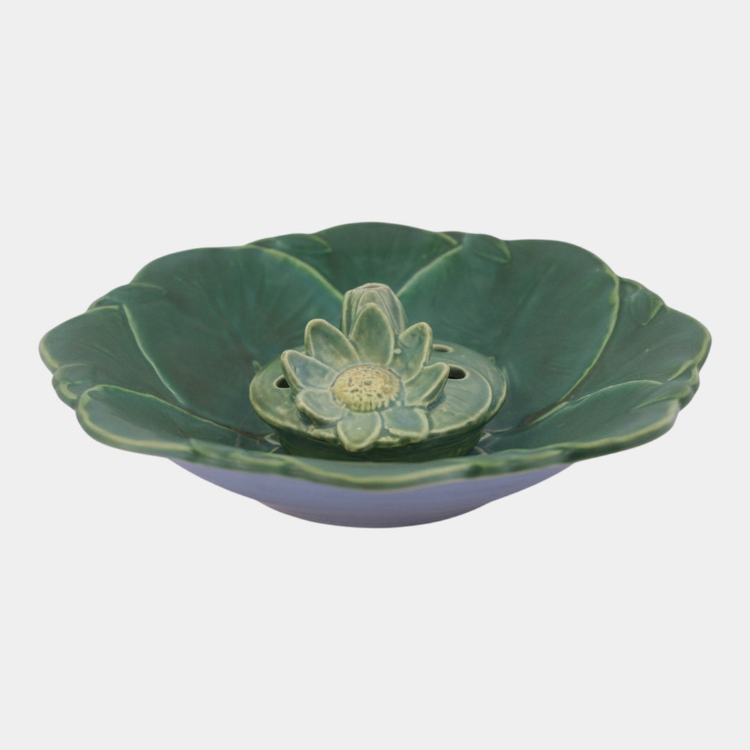 Weller Pumila 1920s Vintage Art Pottery Green Lily Pad Console Bowl Flower Frog