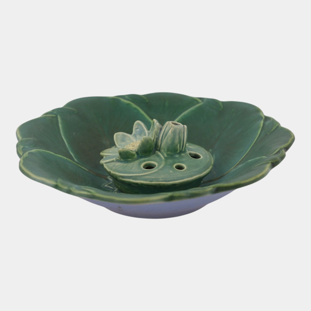 Weller Pumila 1920s Vintage Art Pottery Green Lily Pad Console Bowl Flower Frog