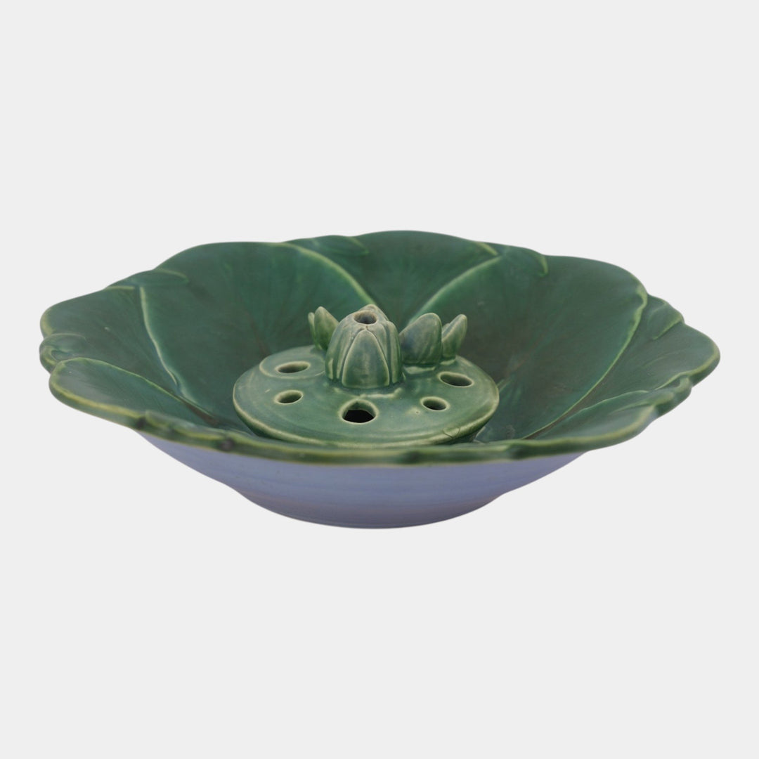 Weller Pumila 1920s Vintage Art Pottery Green Lily Pad Console Bowl Flower Frog