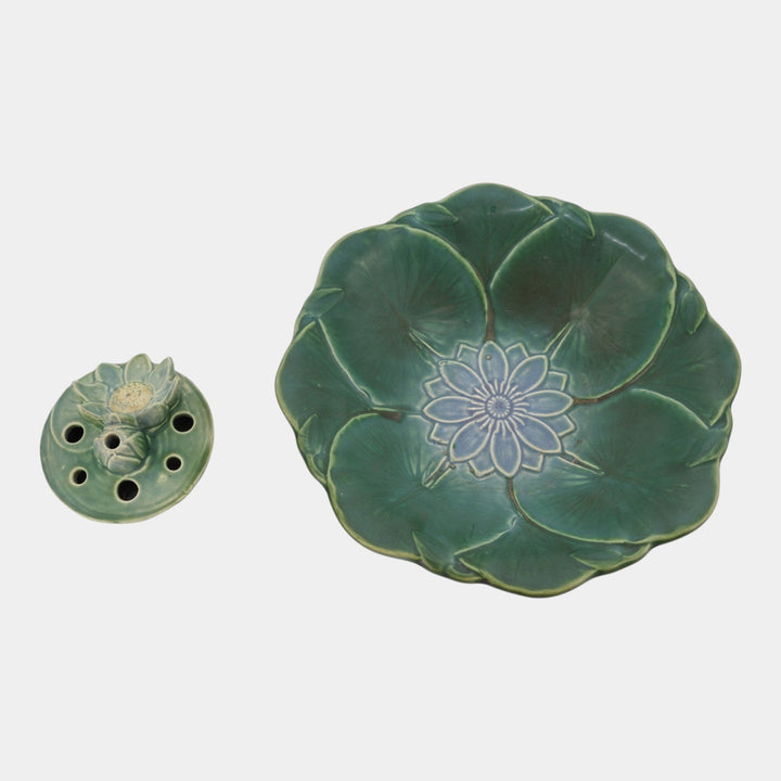 Weller Pumila 1920s Vintage Art Pottery Green Lily Pad Console Bowl Flower Frog