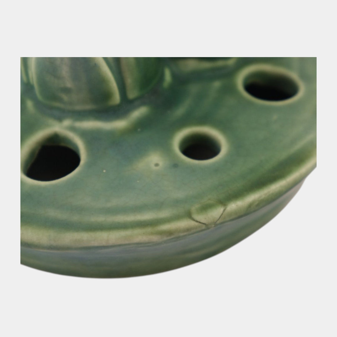 Weller Pumila 1920s Vintage Art Pottery Green Lily Pad Console Bowl Flower Frog
