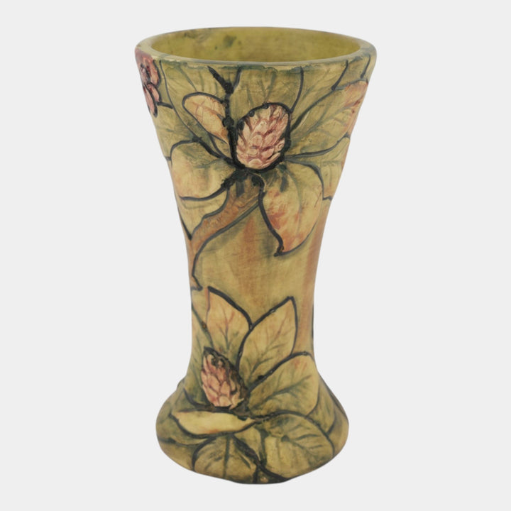 Weller Flemish 1920s Vintage Art Pottery Rhododendron Ceramic Trumpet Vase