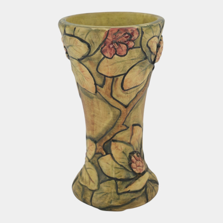Weller Flemish 1920s Vintage Art Pottery Rhododendron Ceramic Trumpet Vase