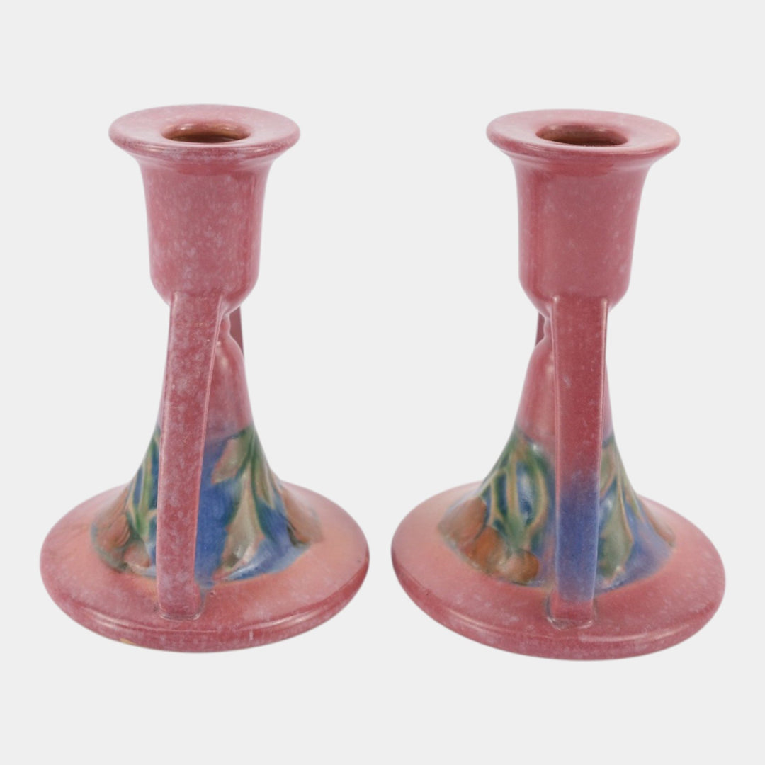 Roseville Baneda Pink 1932 Vintage Art Deco Pottery Candle Holders 1087-5