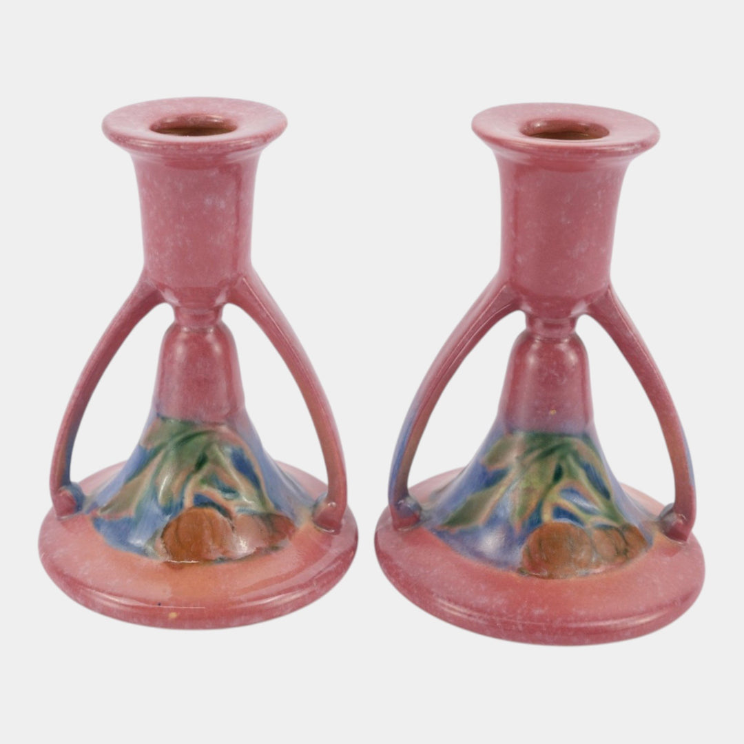 Roseville Baneda Pink 1932 Vintage Art Deco Pottery Candle Holders 1087-5