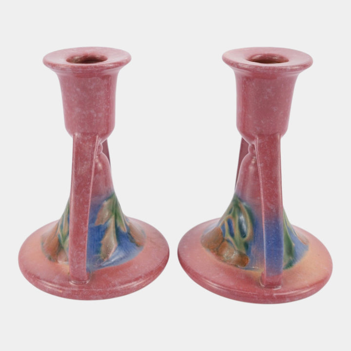 Roseville Baneda Pink 1932 Vintage Art Deco Pottery Candle Holders 1087-5