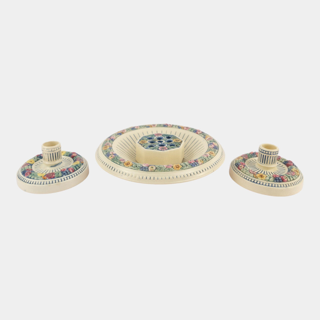 Weller Florala 1915-20 Vintage Art Pottery Bowl Flower Frog Candle Holders Set