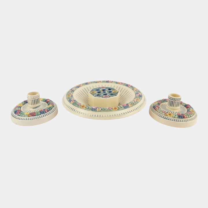 Weller Florala 1915-20 Vintage Art Pottery Bowl Flower Frog Candle Holders Set