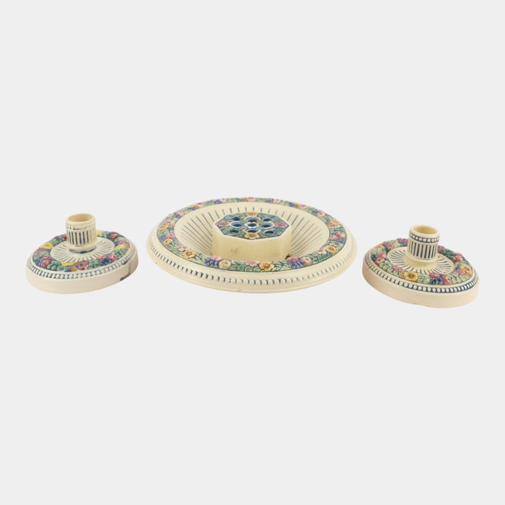 Weller Florala 1915-20 Vintage Art Pottery Bowl Flower Frog Candle Holders Set