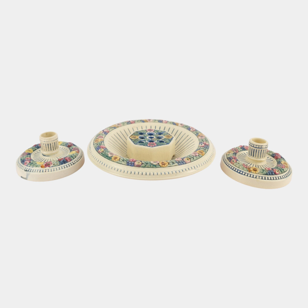 Weller Florala 1915-20 Vintage Art Pottery Bowl Flower Frog Candle Holders Set