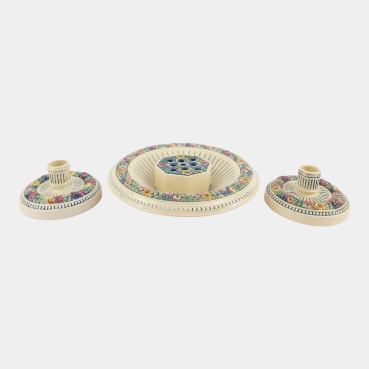 Weller Florala 1915-20 Vintage Art Pottery Bowl Flower Frog Candle Holders Set