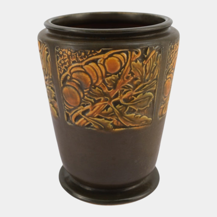 Roseville Rosecraft Panel Brown 1926 Vintage Arts And Crafts Pottery Vase 291-8