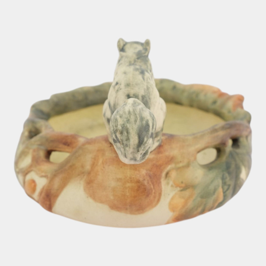 Weller Woodcraft 1920s Art Pottery Squirrel Perched on the Rim Ceramic Bowl