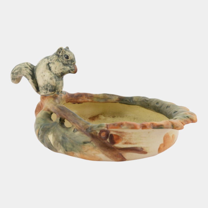 Weller Woodcraft 1920s Art Pottery Squirrel Perched on the Rim Ceramic Bowl