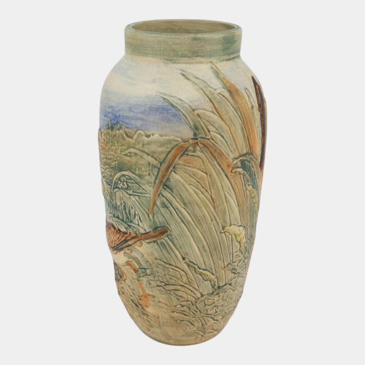 Weller Glendale 1920s Vintage Art Pottery Bird With Nest Tall Ceramic Vase