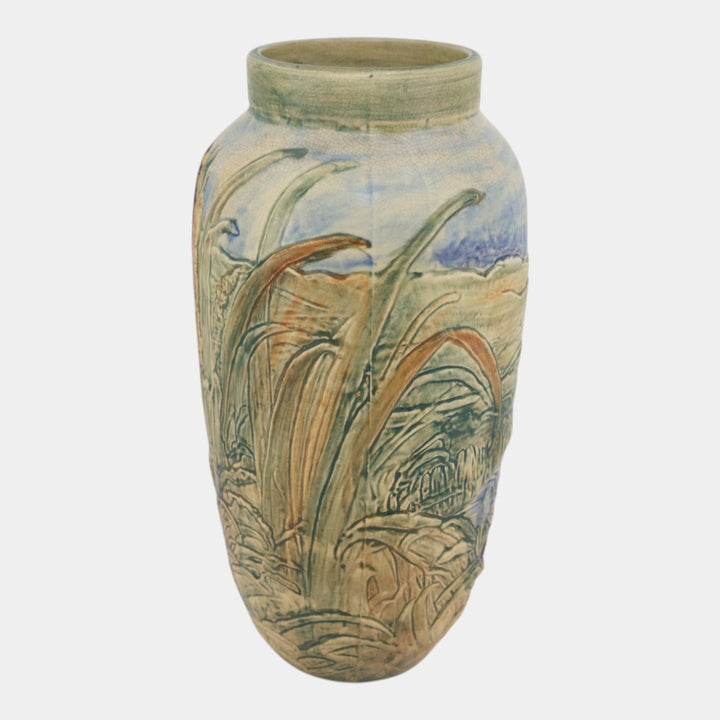 Weller Glendale 1920s Vintage Art Pottery Bird With Nest Tall Ceramic Vase