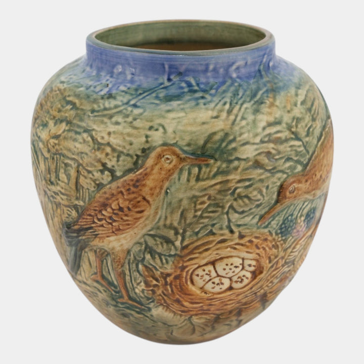 Weller Glendale 1920s Vintage Art Pottery Birds With Nest Bulbous Ceramic Vase