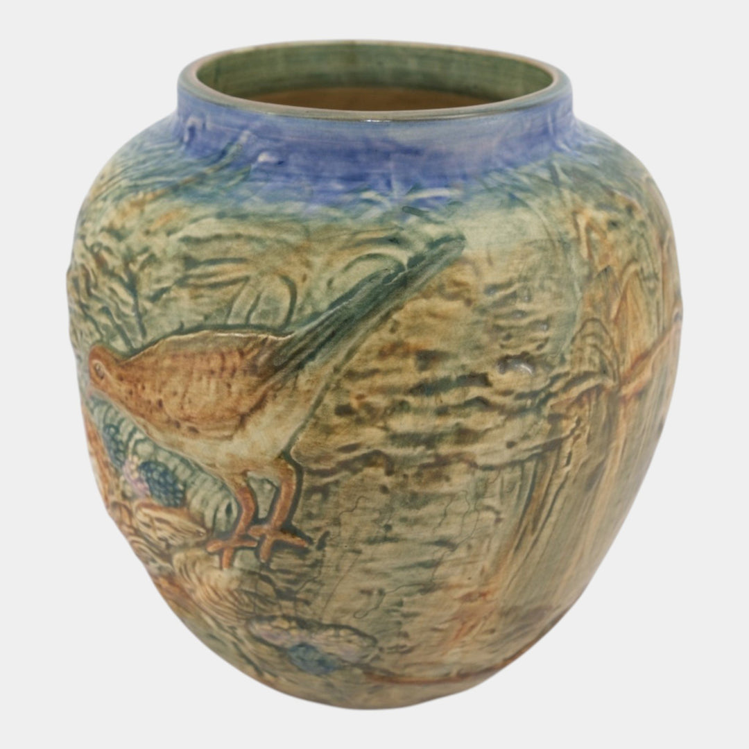 Weller Glendale 1920s Vintage Art Pottery Birds With Nest Bulbous Ceramic Vase