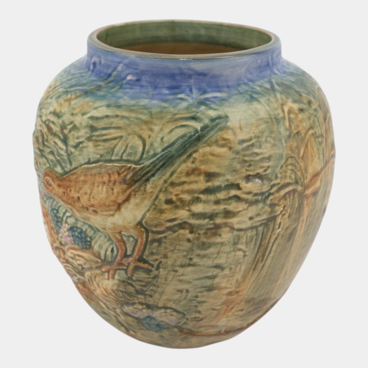 Weller Glendale 1920s Vintage Art Pottery Birds With Nest Bulbous Ceramic Vase