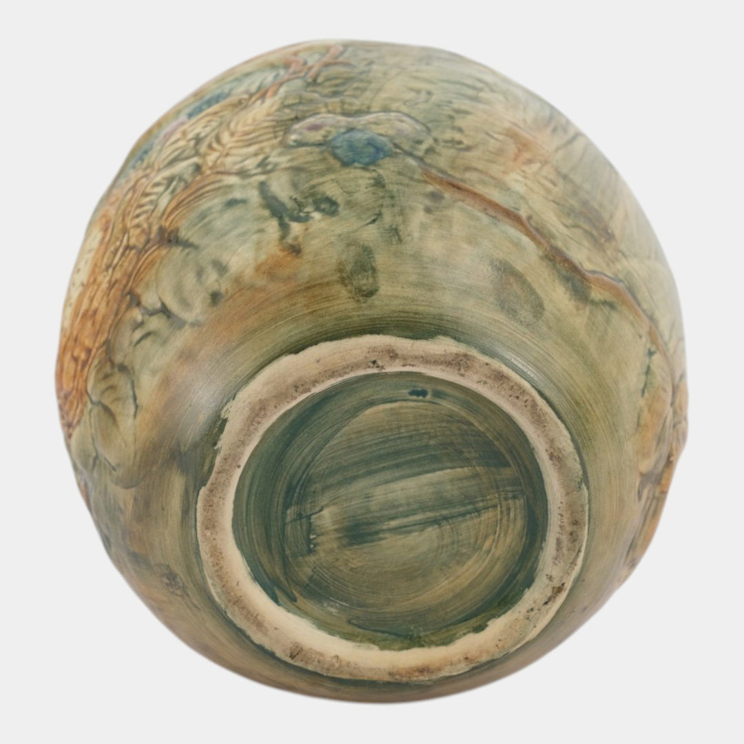 Weller Glendale 1920s Vintage Art Pottery Birds With Nest Bulbous Ceramic Vase