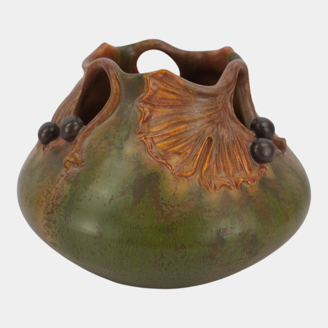 Ephraim Faience 2018 Hand Made Art Pottery Green Gingko Branch Vase