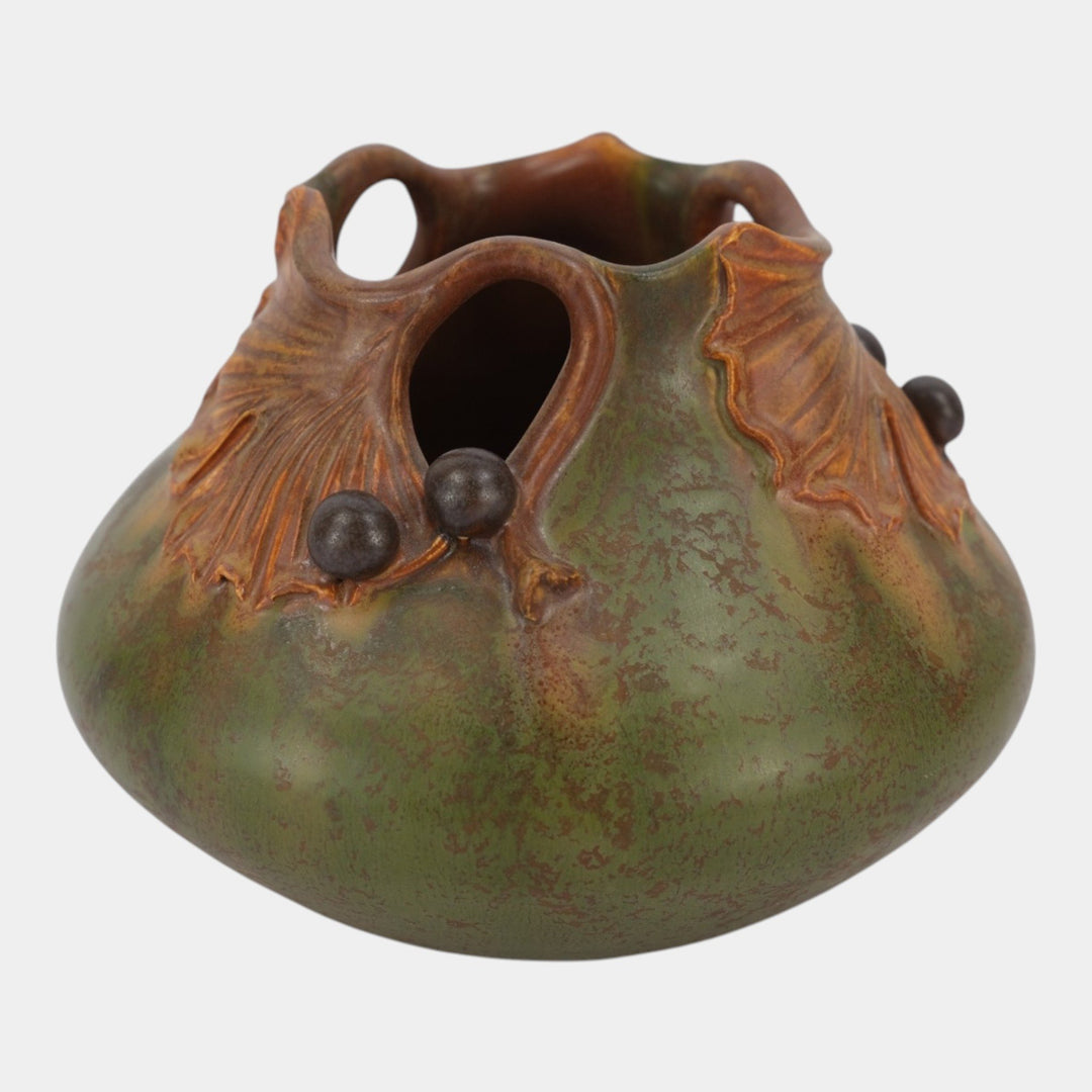Ephraim Faience 2018 Hand Made Art Pottery Green Gingko Branch Vase