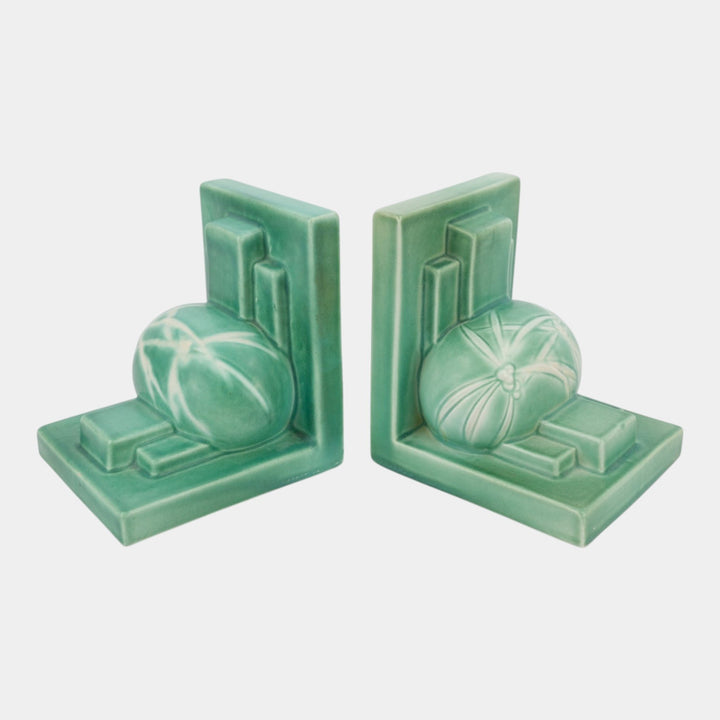 Roseville Dawn Green 1937 Vintage Art Deco Pottery Ceramic Bookends 4-5