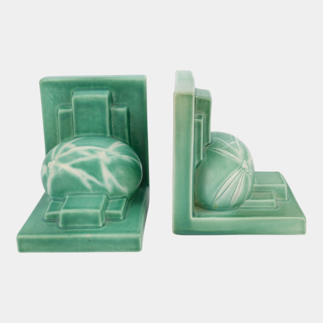 Roseville Dawn Green 1937 Vintage Art Deco Pottery Ceramic Bookends 4-5