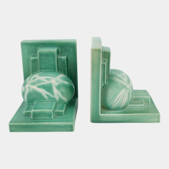 Roseville Dawn Green 1937 Vintage Art Deco Pottery Ceramic Bookends 4-5