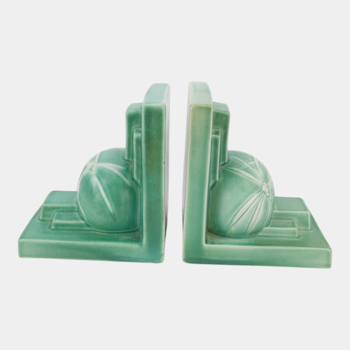 Roseville Dawn Green 1937 Vintage Art Deco Pottery Ceramic Bookends 4-5