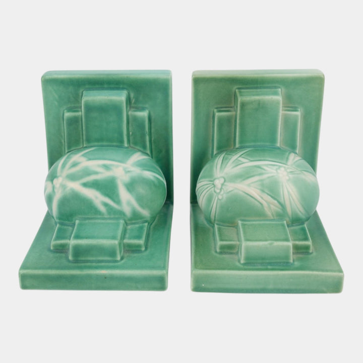 Roseville Dawn Green 1937 Vintage Art Deco Pottery Ceramic Bookends 4-5
