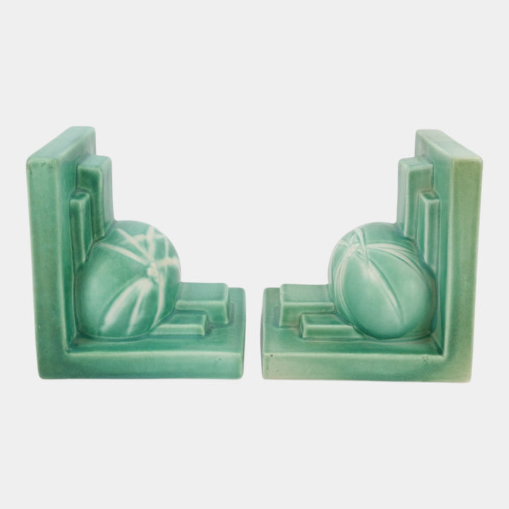 Roseville Dawn Green 1937 Vintage Art Deco Pottery Ceramic Bookends 4-5