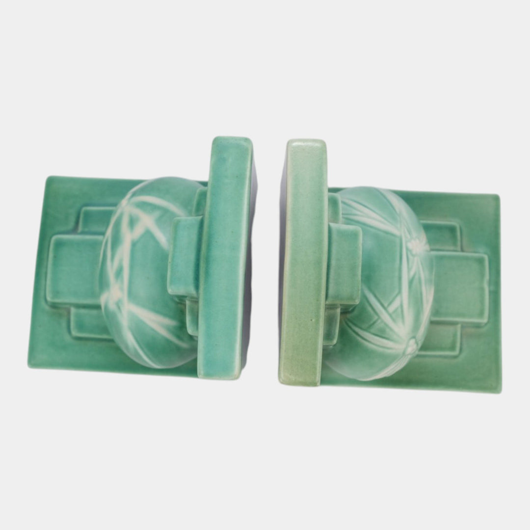 Roseville Dawn Green 1937 Vintage Art Deco Pottery Ceramic Bookends 4-5
