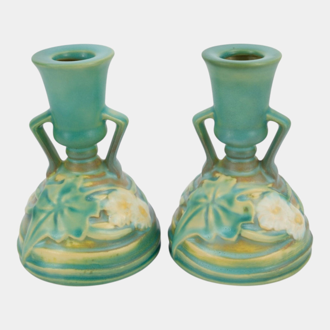 Roseville Luffa Green 1934 Vintage Art Pottery Ceramic Candle Holders 1097-4