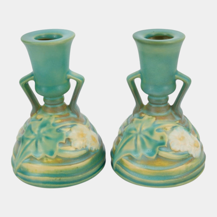 Roseville Luffa Green 1934 Vintage Art Pottery Ceramic Candle Holders 1097-4